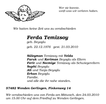 Traueranzeige von Ferda Temizsoy von Tageszeitung