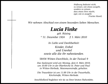Traueranzeige von Lucia Finke von Tageszeitung