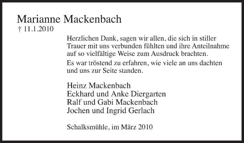  Traueranzeige für Marianne Mackenbach vom 10.03.2010 aus Tageszeitung