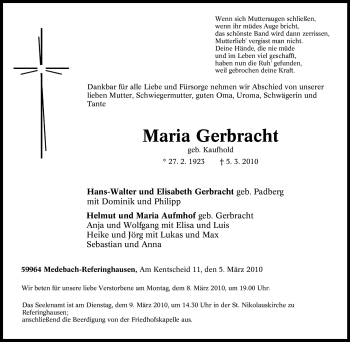 Traueranzeige von Maria Gerbracht von Tageszeitung