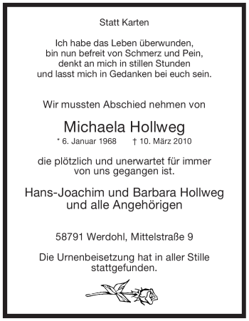 Traueranzeige von Michaela Hollweg von Tageszeitung