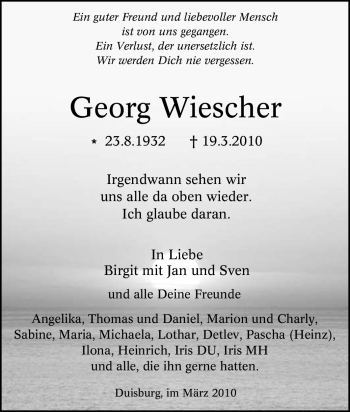 Traueranzeige von Georg Wiescher von Tageszeitung