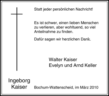 Traueranzeige von Ingeborg Kaiser von Tageszeitung
