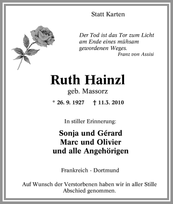 Traueranzeige von Ruth Hainzl von Tageszeitung