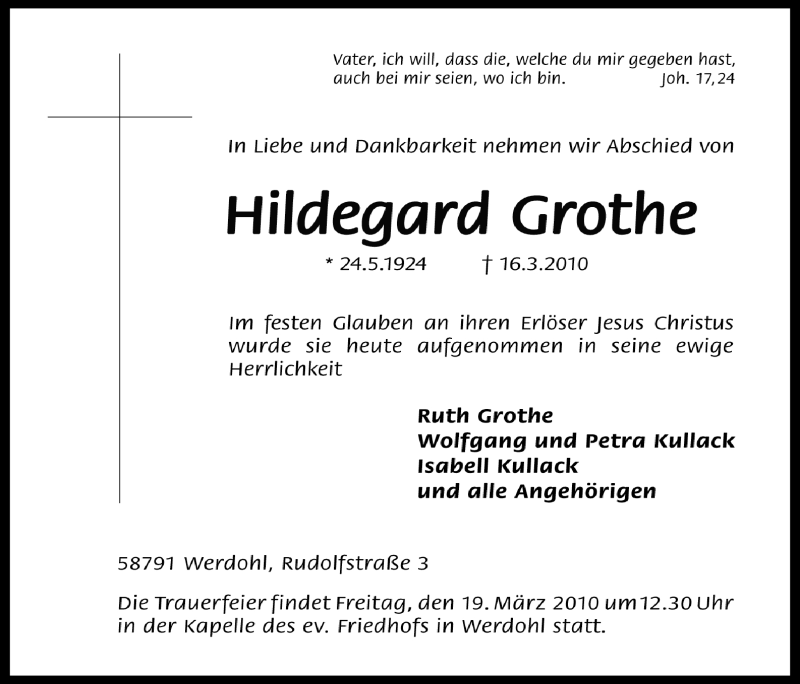 Traueranzeige für Hildegard Grothe vom 18.03.2010 aus Tageszeitung