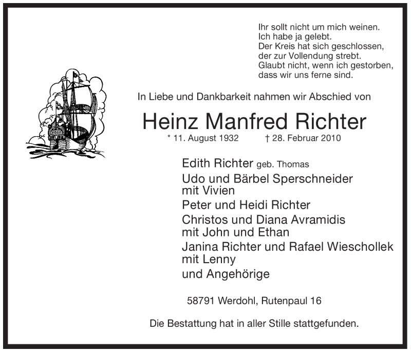  Traueranzeige für Heinz Manfred Richter vom 12.03.2010 aus Tageszeitung