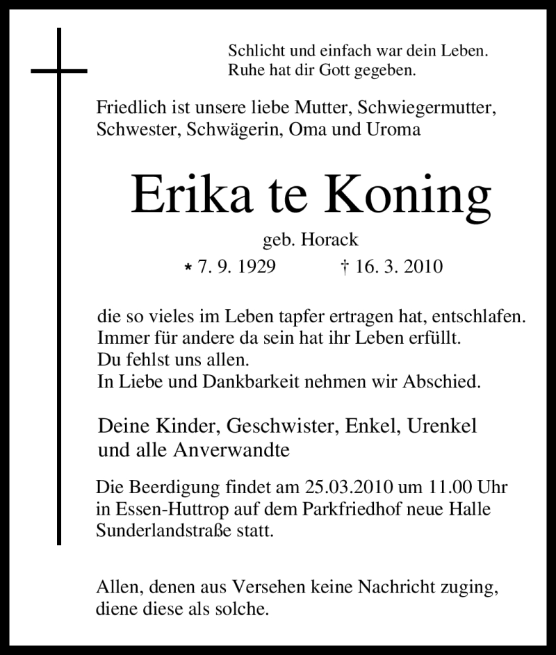  Traueranzeige für Erika te Koning vom 24.03.2010 aus Tageszeitung