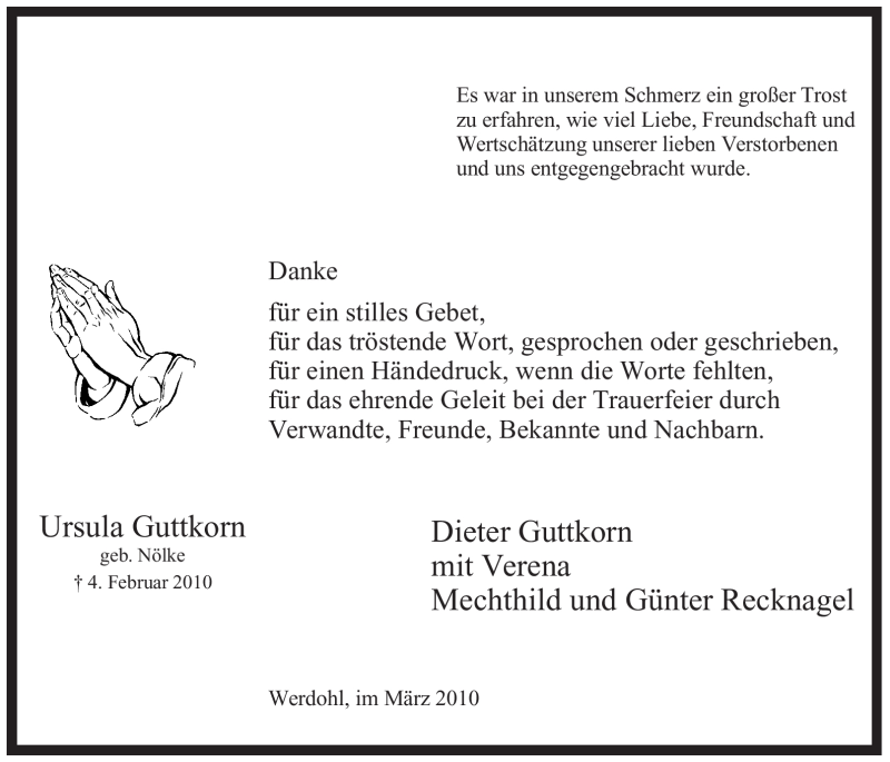  Traueranzeige für Ursula Guttkorn vom 13.03.2010 aus Tageszeitung