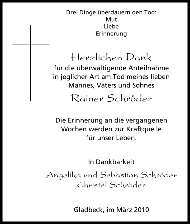  Traueranzeige für Rainer Schröder vom 03.03.2010 aus Tageszeitung