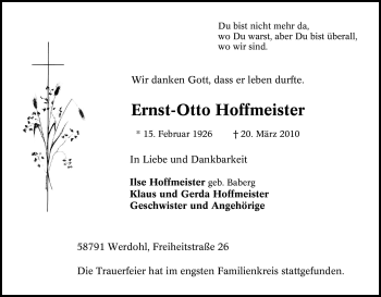 Traueranzeige von Ernst-Otto Hoffmeister von Tageszeitung