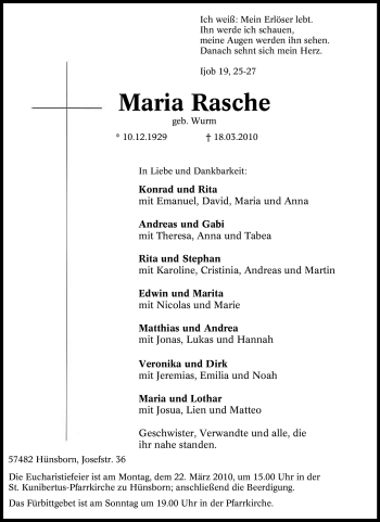 Traueranzeige von Maria Rasche von Tageszeitung