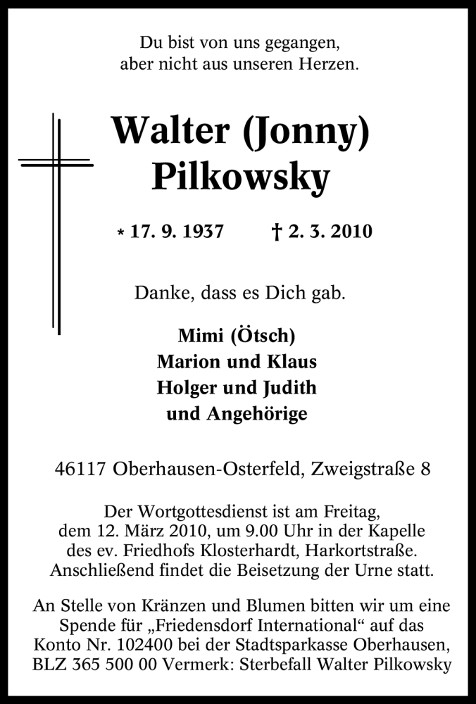  Traueranzeige für Walter Pilkowsky vom 06.03.2010 aus Tageszeitung