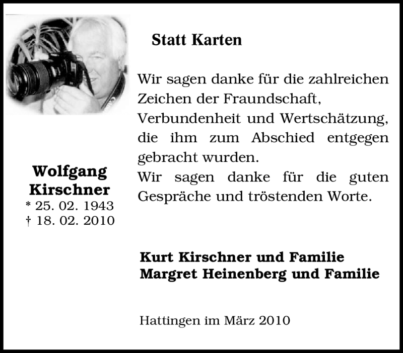  Traueranzeige für Wolfgang Kirschner vom 27.03.2010 aus Tageszeitung