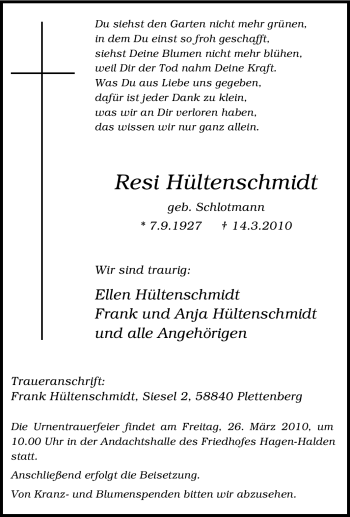 Traueranzeige von Resi Hültenschmidt von Tageszeitung