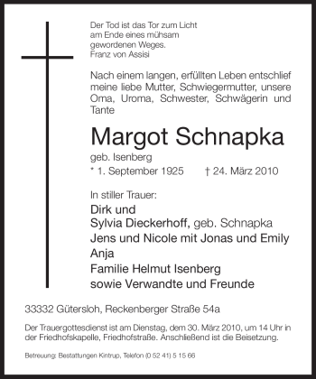 Traueranzeige von Margot Schnapka von Tageszeitung