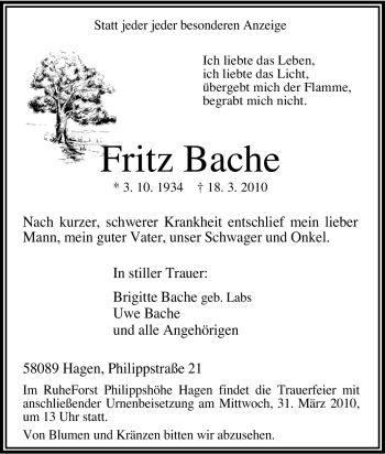 Traueranzeige von Fritz Bache von Tageszeitung