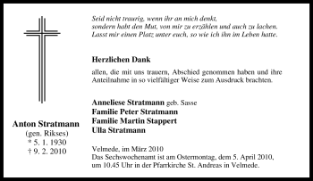 Traueranzeige von Anton Stratmann von Tageszeitung