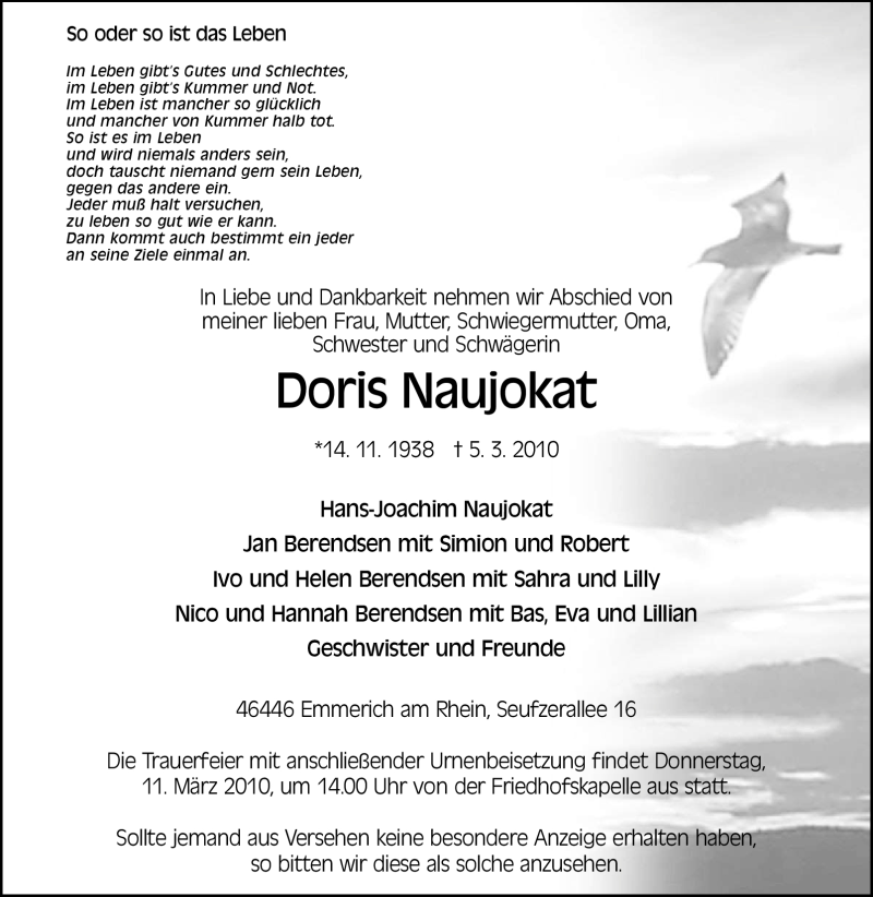  Traueranzeige für Doris Naujokat vom 06.03.2010 aus Tageszeitung