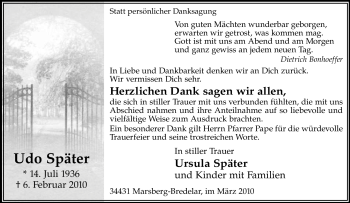 Traueranzeige von Udo Später von Tageszeitung