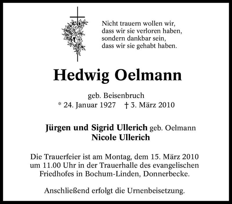  Traueranzeige für Hedwig Oelmann vom 13.03.2010 aus Tageszeitung