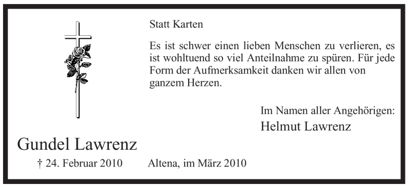  Traueranzeige für Gundel Lawrenz vom 27.03.2010 aus Tageszeitung