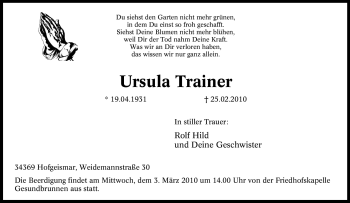 Traueranzeige von Ursula Trainer von Tageszeitung