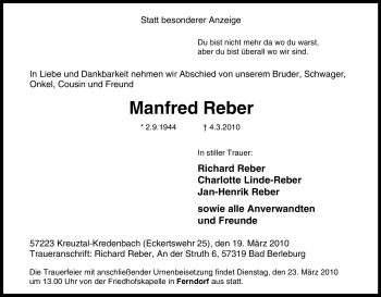 Traueranzeige von Manfred Reber von Tageszeitung