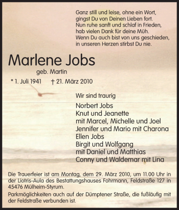 Traueranzeige von Marlene Jobs von Tageszeitung