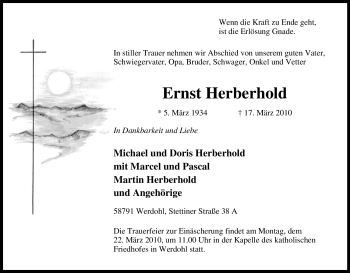 Traueranzeige von Ernst Herberhold von Tageszeitung