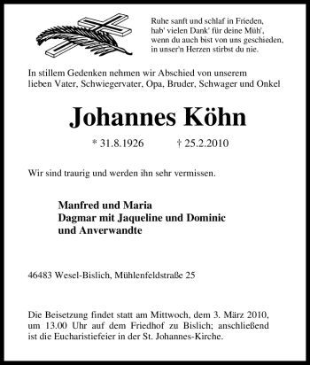 Traueranzeige von Johannes Köhn von Tageszeitung