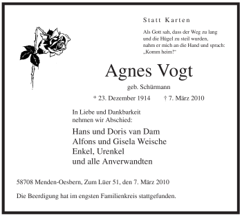 Traueranzeige von Agnes Vogt von Tageszeitung