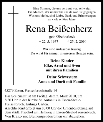 Traueranzeige von Rena Beißenherz von Tageszeitung