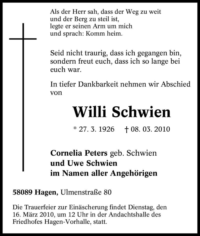  Traueranzeige für Willi Schwien vom 11.03.2010 aus Tageszeitung