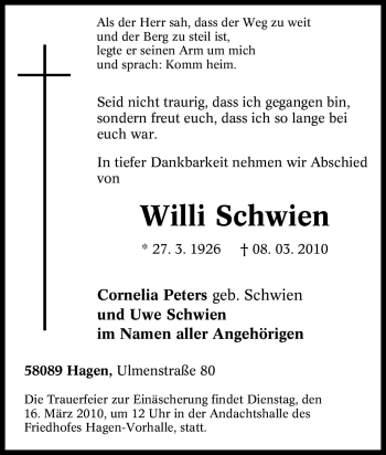 Traueranzeige von Willi Schwien von Tageszeitung