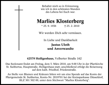 Traueranzeige von Marlies Klosterberg von Tageszeitung