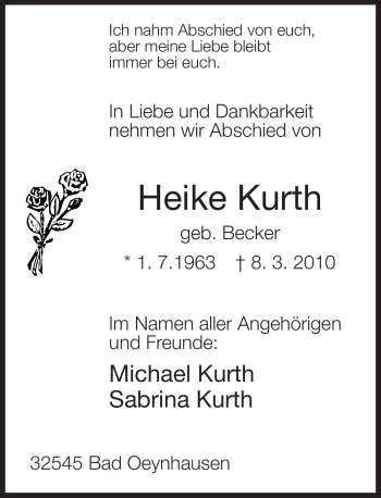 Traueranzeige von Heike Kurth von Tageszeitung