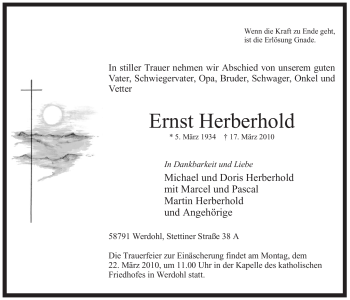 Traueranzeige von Ernst Herberhold von Tageszeitung