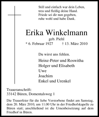 Traueranzeige von Erika Winkelmann von Tageszeitung