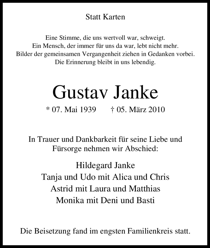 Traueranzeigen von Gustav Janke TrauerinNRW.de