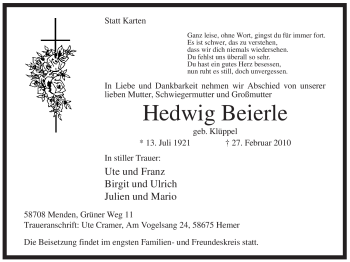 Traueranzeige von Hedwig Beierle von Tageszeitung