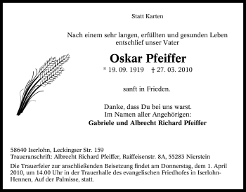 Traueranzeige von Oskar Pfeiffer von Tageszeitung