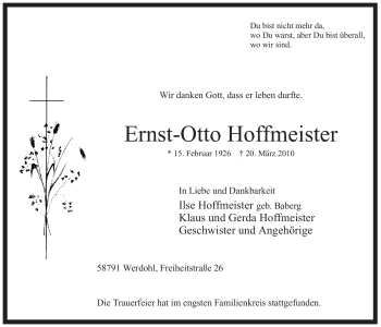 Traueranzeige von Ernst-Otto Hoffmeister von Tageszeitung