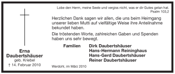Traueranzeige von Erna Daubertshäuser von Tageszeitung