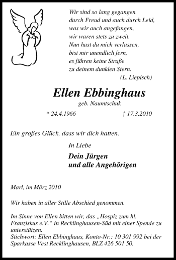 Traueranzeige von Ellen Ebbinghaus von Tageszeitung