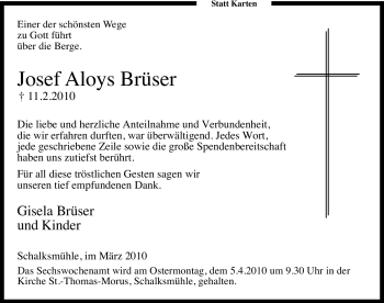 Traueranzeige von Josef Aloys Brüser von Tageszeitung