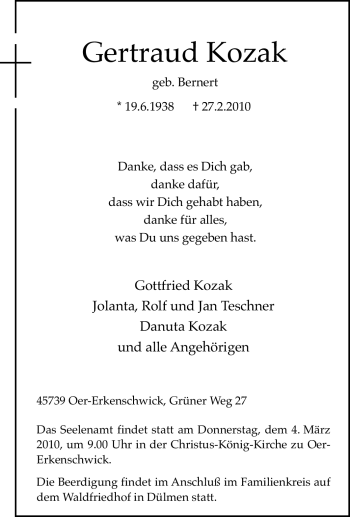 Traueranzeige von Gertraud Kozak von Tageszeitung