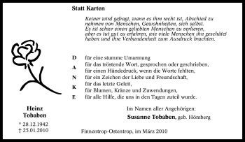 Traueranzeige von Heinz Tobaben von Tageszeitung