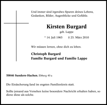 Traueranzeige von Kirsten Burgard von Tageszeitung