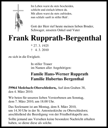 Traueranzeige von Frank Rupprath-Bergenthal von Tageszeitung
