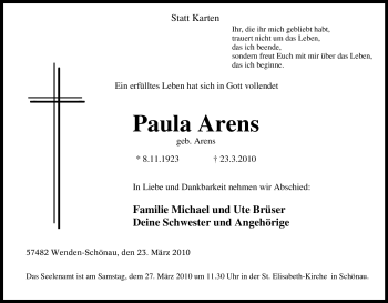 Traueranzeige von Paula Arens von Tageszeitung
